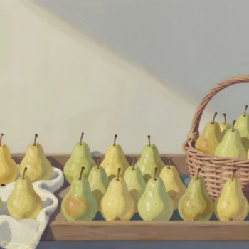 Gouache painting of a shelf of sorted pears with the first three covered and the next four in a vermilion basket