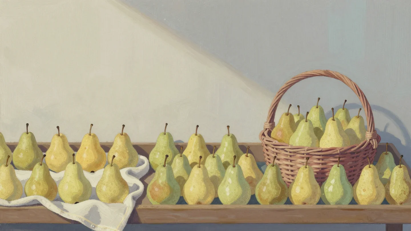Gouache painting of a shelf of sorted pears with the first three covered and the next four in a vermilion basket