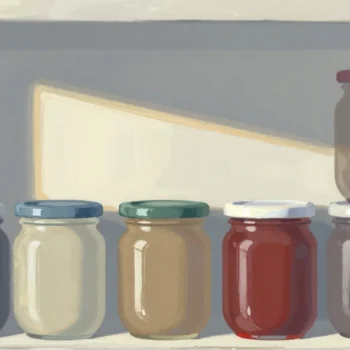 Gouache painting of a pantry shelf of fresh jam jars with one dusty jar with a vermilion lid at the back