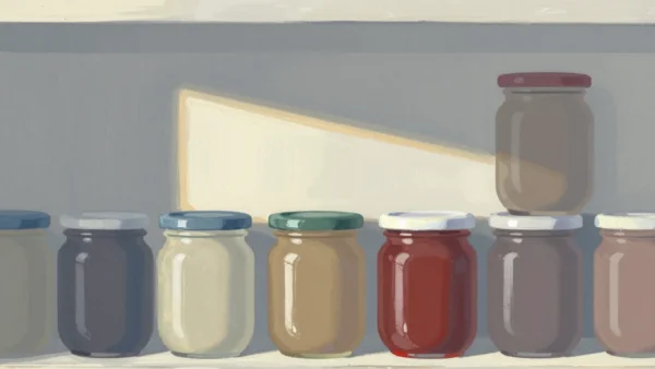 Gouache painting of a pantry shelf of fresh jam jars with one dusty jar with a vermilion lid at the back