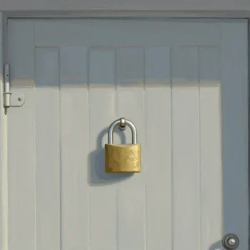 Gouache painting of a shut boat shed door with a padlock and a red key on a hook beside it