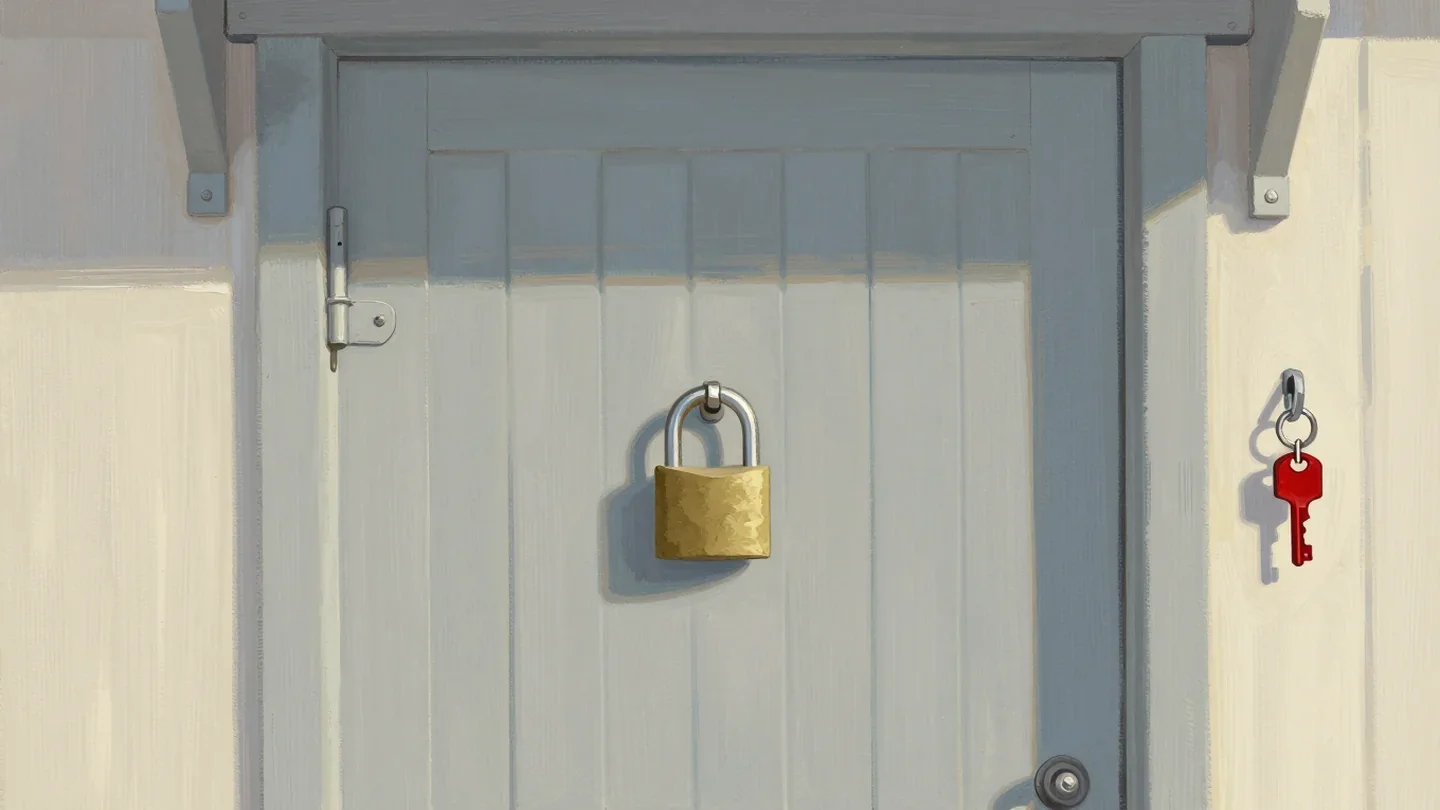 Gouache painting of a shut boat shed door with a padlock and a red key on a hook beside it