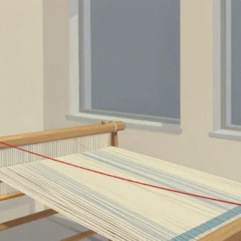 Gouache painting of a wooden loom with many pale threads and one vermilion thread through the middle