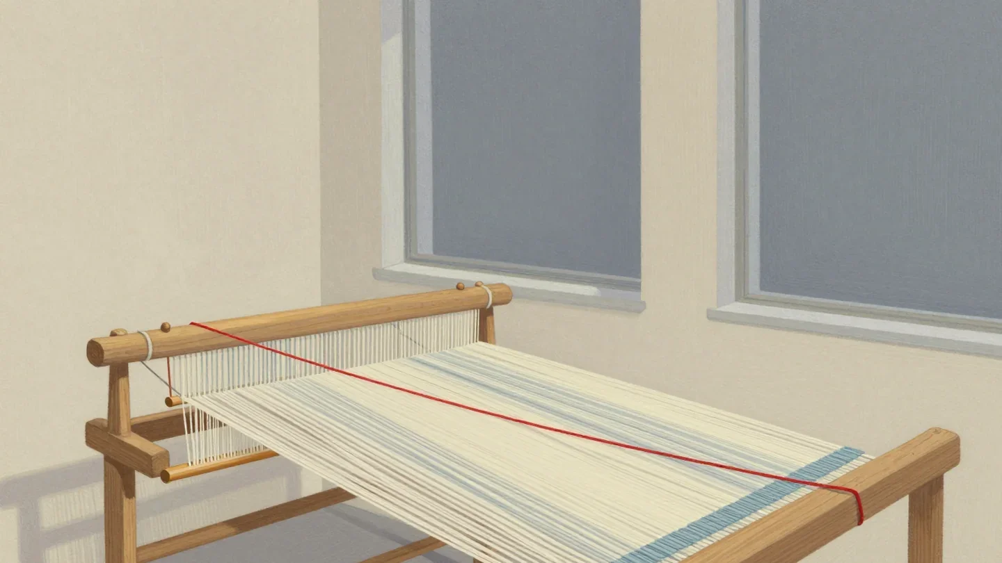 Gouache painting of a wooden loom with many pale threads and one vermilion thread through the middle