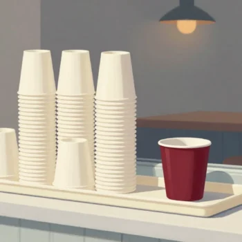 Gouache painting of a leaning stack of paper cups beside a tray holding one vermilion mug