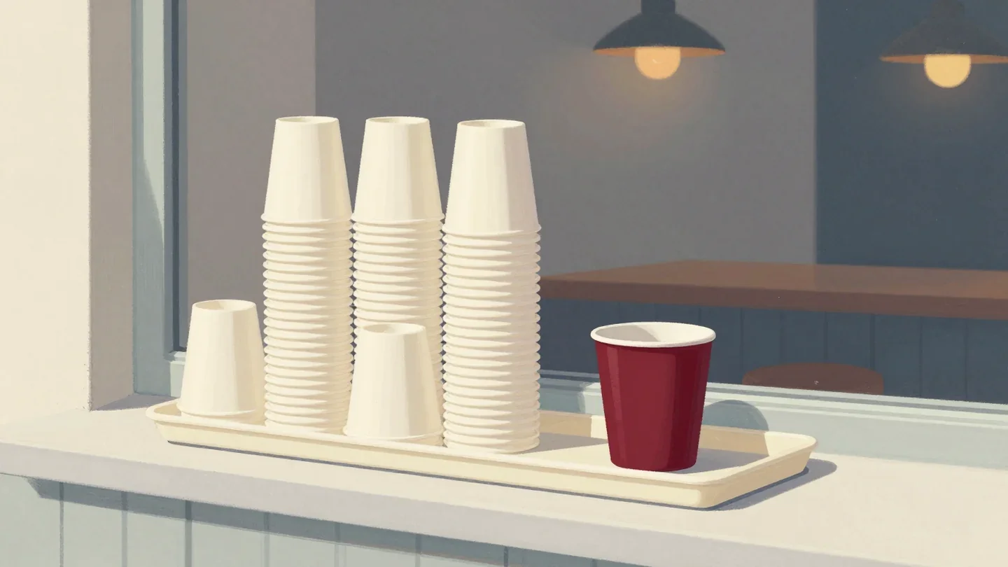 Gouache painting of a leaning stack of paper cups beside a tray holding one vermilion mug