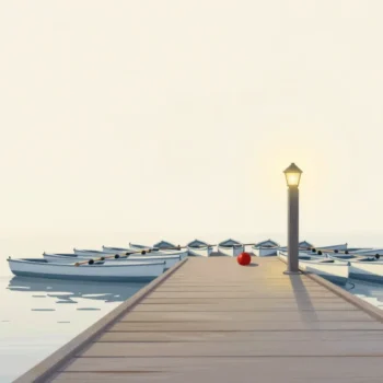 Gouache painting of an empty wooden pier ending in a lamp post, small boats bunched around its end and a small vermilion buoy