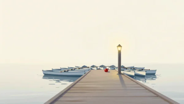 Gouache painting of an empty wooden pier ending in a lamp post, small boats bunched around its end and a small vermilion buoy