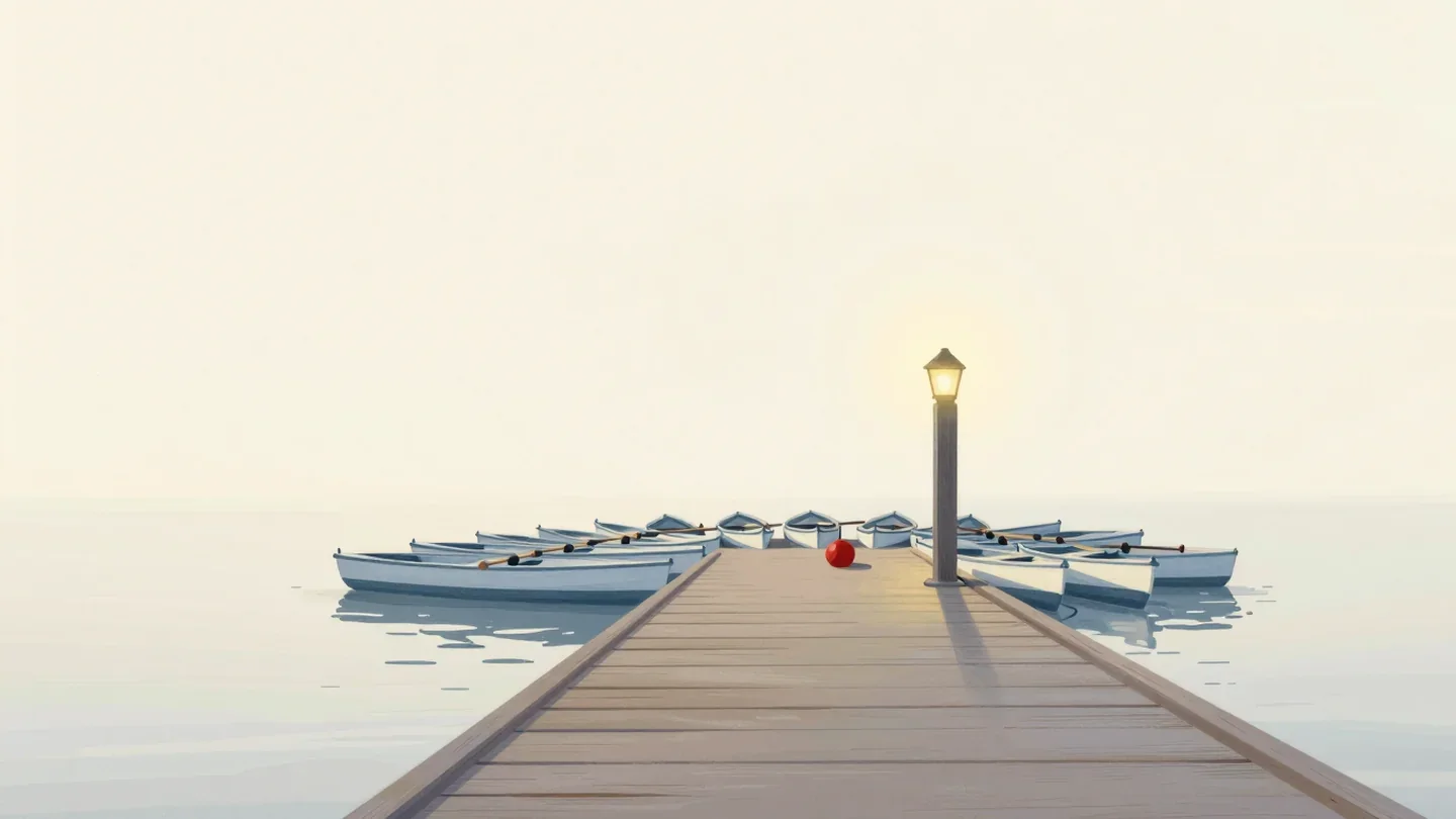 Gouache painting of an empty wooden pier ending in a lamp post, small boats bunched around its end and a small vermilion buoy