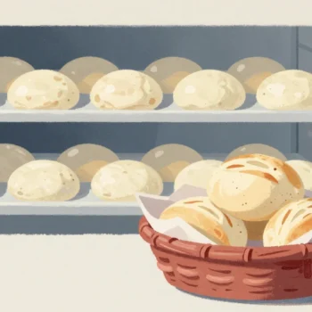 Gouache painting of three fresh rolls in a vermilion basket on a counter in front of a tray of dough still waiting