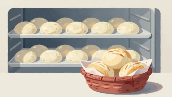Gouache painting of three fresh rolls in a vermilion basket on a counter in front of a tray of dough still waiting