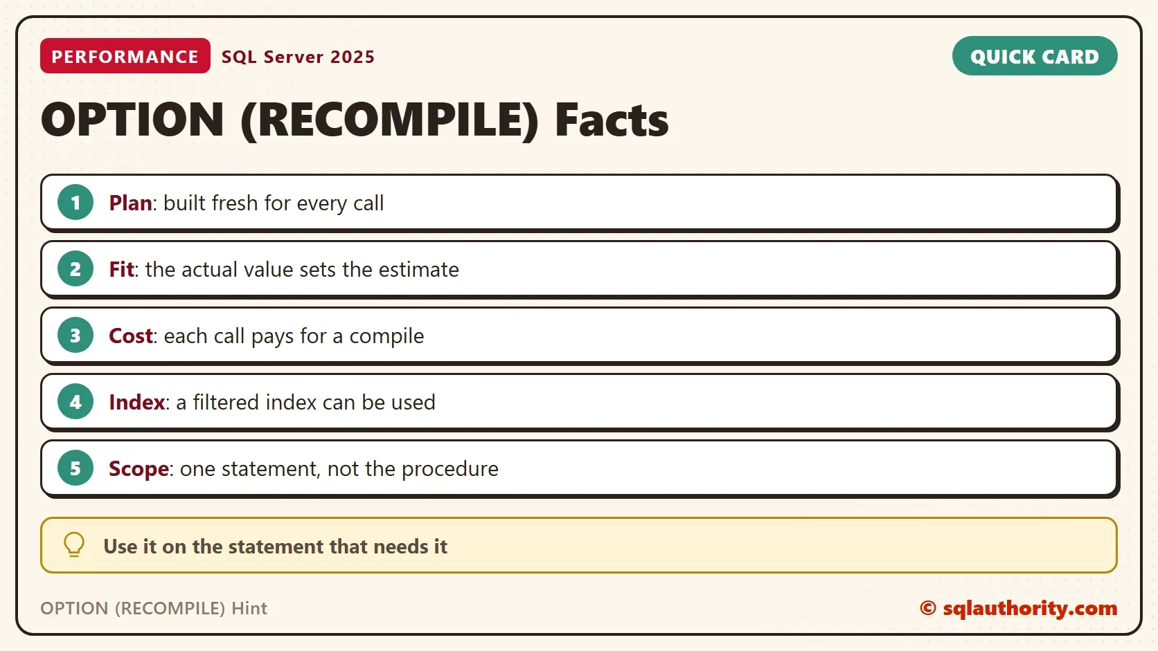 Quick card titled OPTION (RECOMPILE) Facts: Plan: built fresh for every call. Fit: the actual value sets the estimate. Cost: each call pays for a compile. Index: a filtered index can be used. Scope: one statement, not the procedure. Tip: Use it on the statement that needs it.