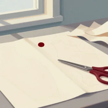 Gouache painting of a fresh pattern sheet pinned on cloth with vermilion scissors beside a pile of crumpled old patterns
