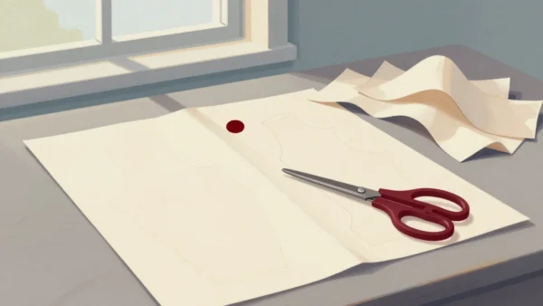 Gouache painting of a fresh pattern sheet pinned on cloth with vermilion scissors beside a pile of crumpled old patterns