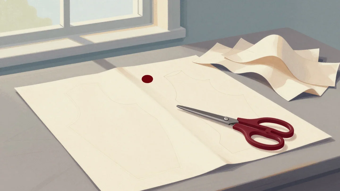 Gouache painting of a fresh pattern sheet pinned on cloth with vermilion scissors beside a pile of crumpled old patterns