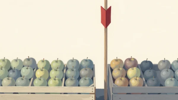 Gouache painting of a market stall with two rows of sorted apples and a vermilion arrow post pointing at one row