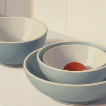 Gouache painting of four nested bowls on a kitchen counter with the smallest center bowl painted red