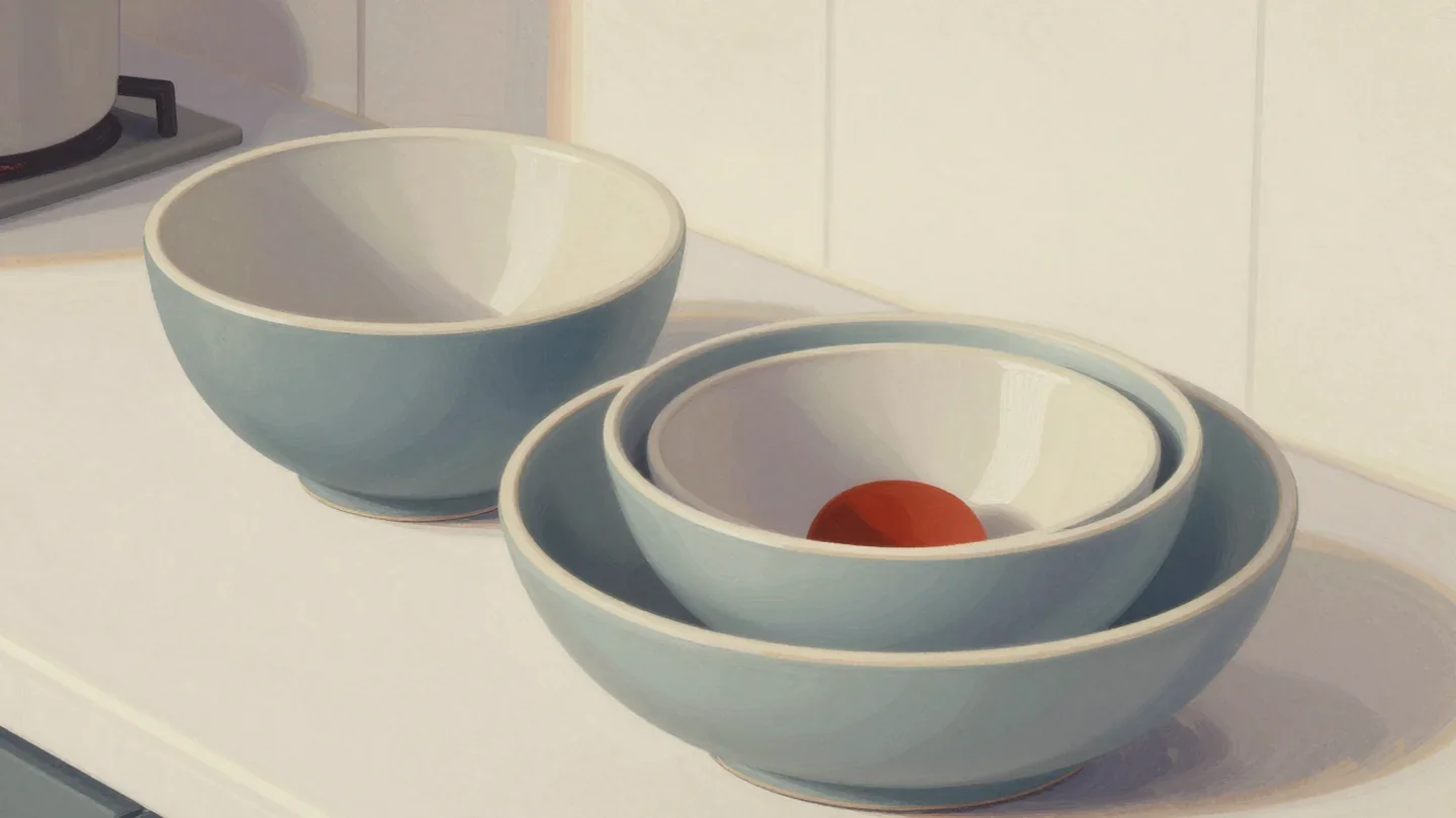 Gouache painting of four nested bowls on a kitchen counter with the smallest center bowl painted red