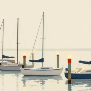 Gouache painting of four sailboats moored beside a calm dock with posts topped by small vermilion lights