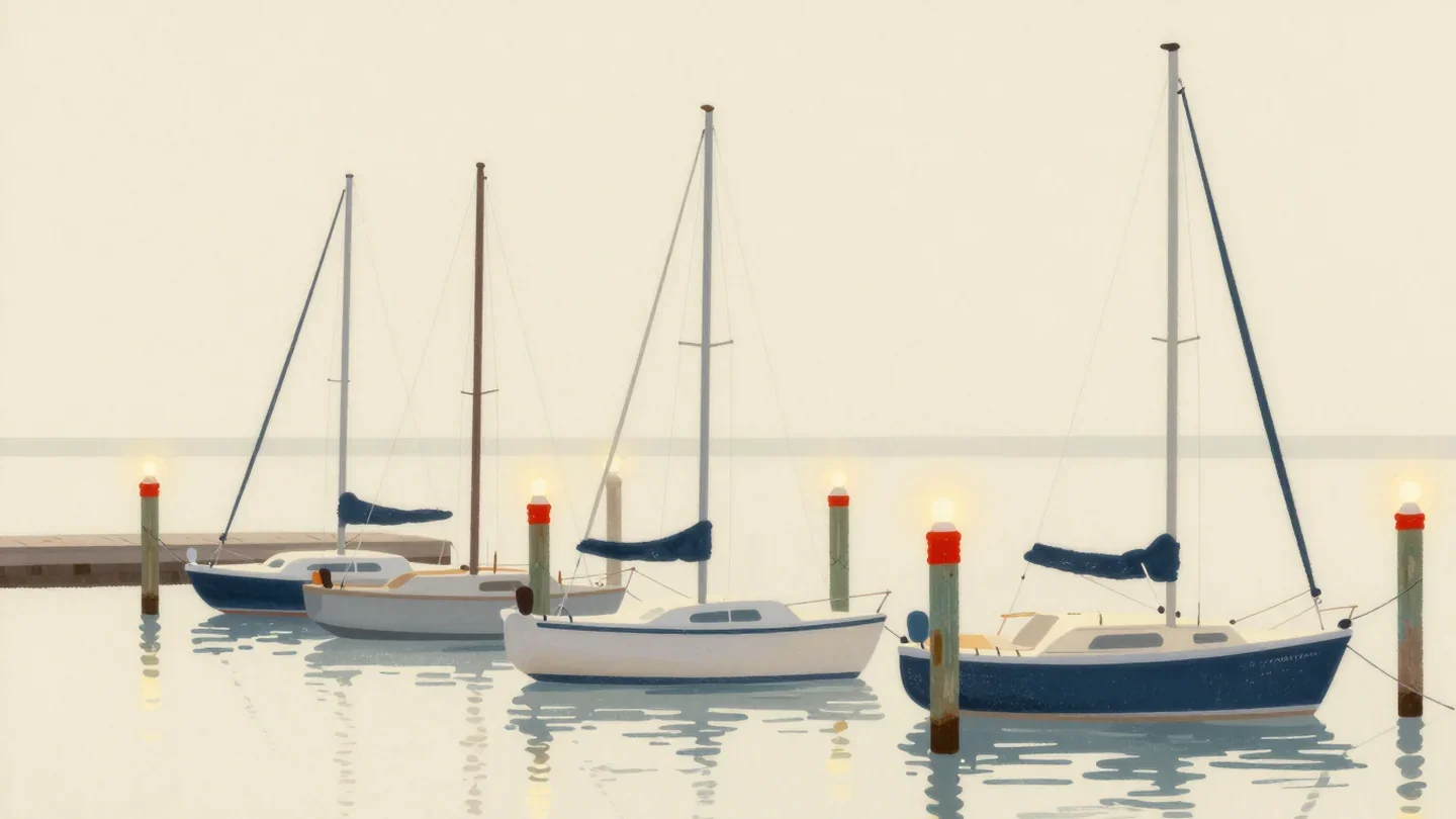 Gouache painting of four sailboats moored beside a calm dock with posts topped by small vermilion lights
