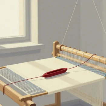 Gouache painting of a wooden loom with a cream weaving and a vermilion shuttle trailing red thread