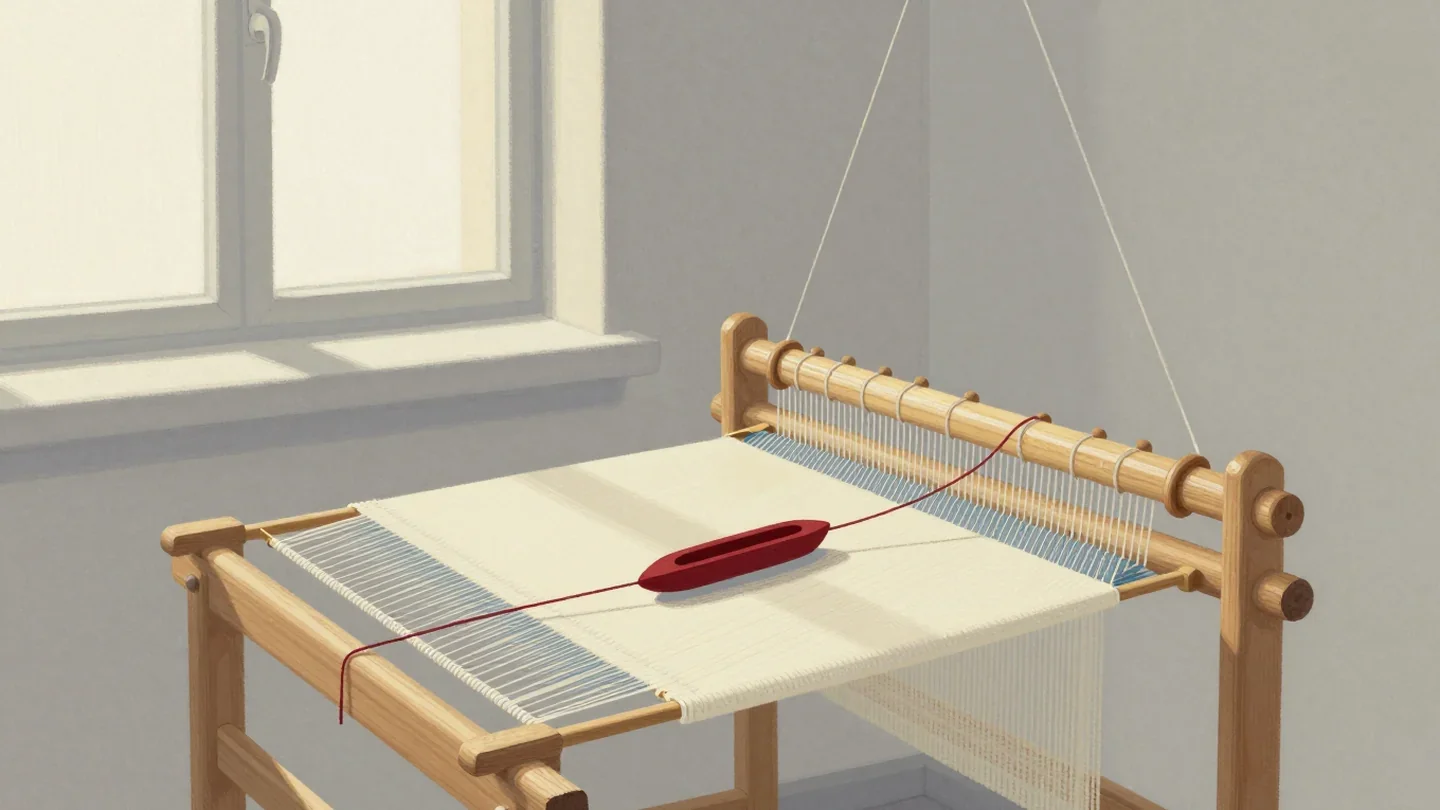 Gouache painting of a wooden loom with a cream weaving and a vermilion shuttle trailing red thread