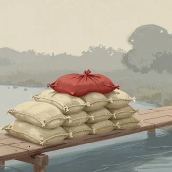 Gouache painting of a plank bridge over a brook loaded with sandbags, the top one vermilion