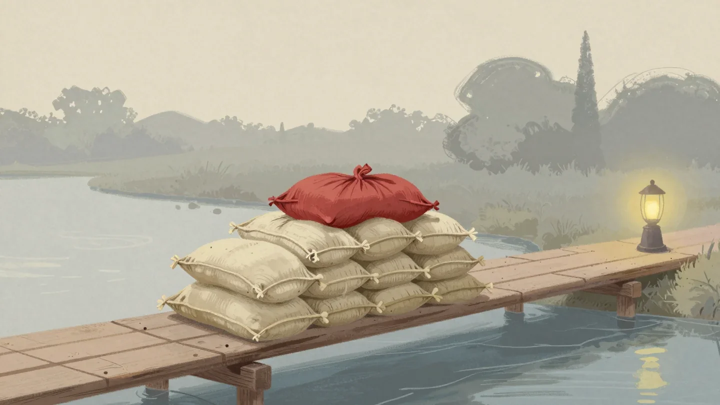 Gouache painting of a plank bridge over a brook loaded with sandbags, the top one vermilion