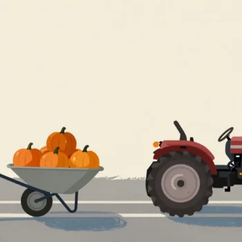 Gouache painting of a grey wheelbarrow of pumpkins beside a vermilion tractor on a farm track