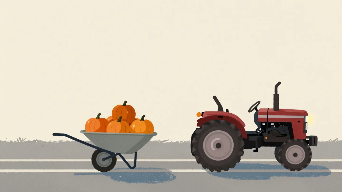 Gouache painting of a grey wheelbarrow of pumpkins beside a vermilion tractor on a farm track