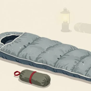 Gouache painting of a sleeping bag beside another squeezed into a stuff sack with a vermilion strap
