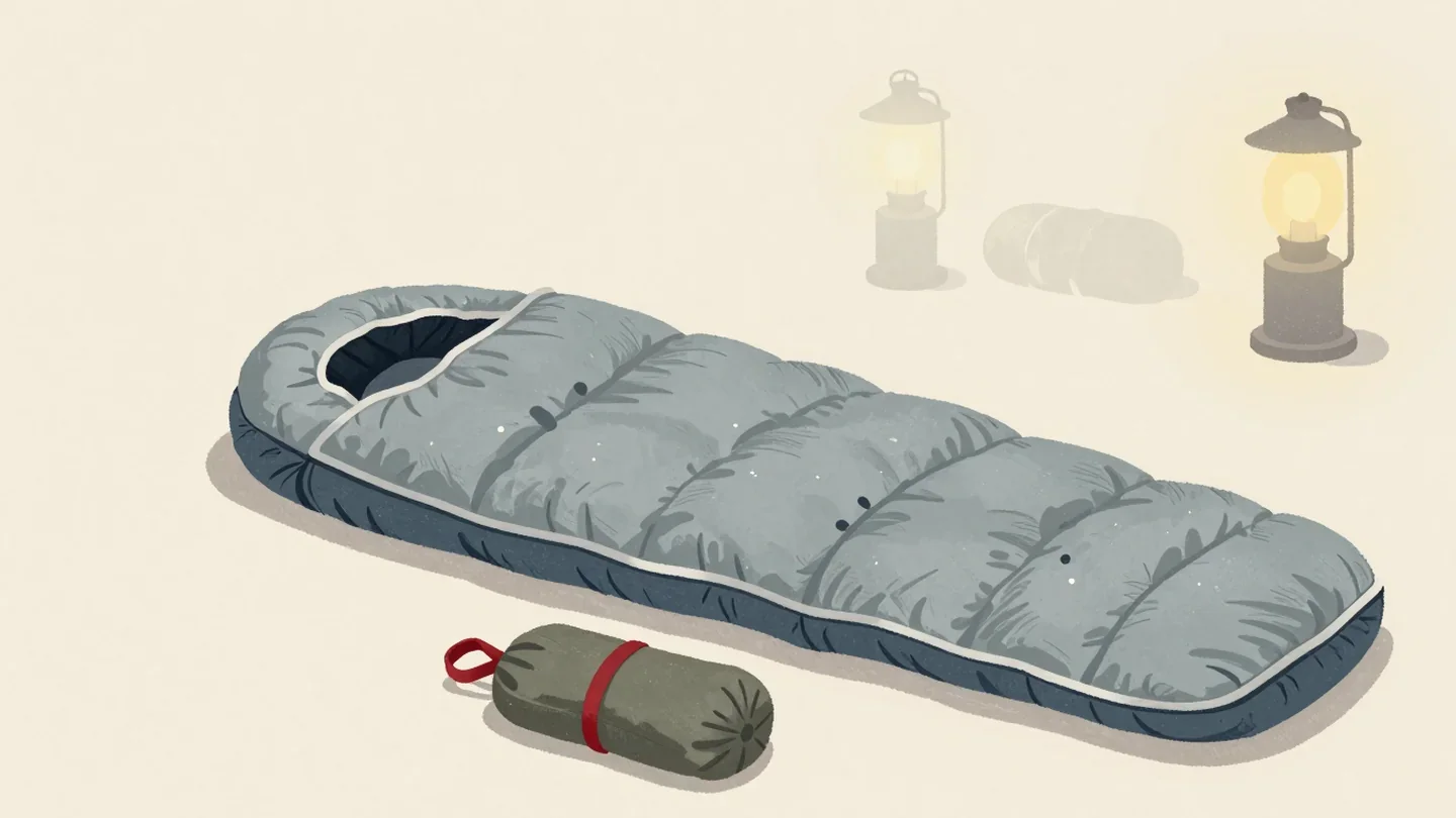 Gouache painting of a sleeping bag beside another squeezed into a stuff sack with a vermilion strap