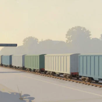 Gouache painting of a line of boxcars waiting on one track before a vermilion switch lever