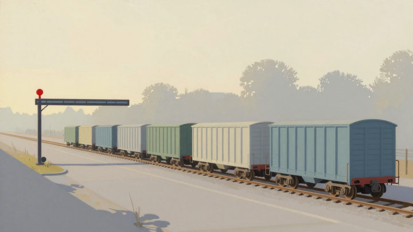 Gouache painting of a line of boxcars waiting on one track before a vermilion switch lever