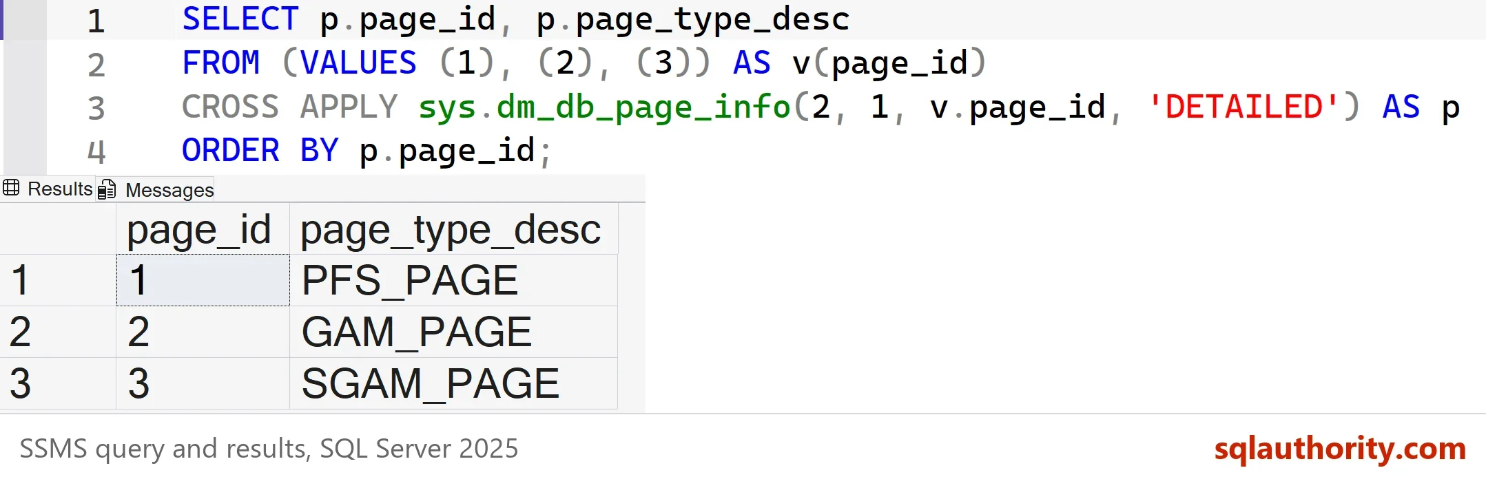 SSMS result grid listing page 1 as PFS_PAGE, page 2 as GAM_PAGE and page 3 as SGAM_PAGE