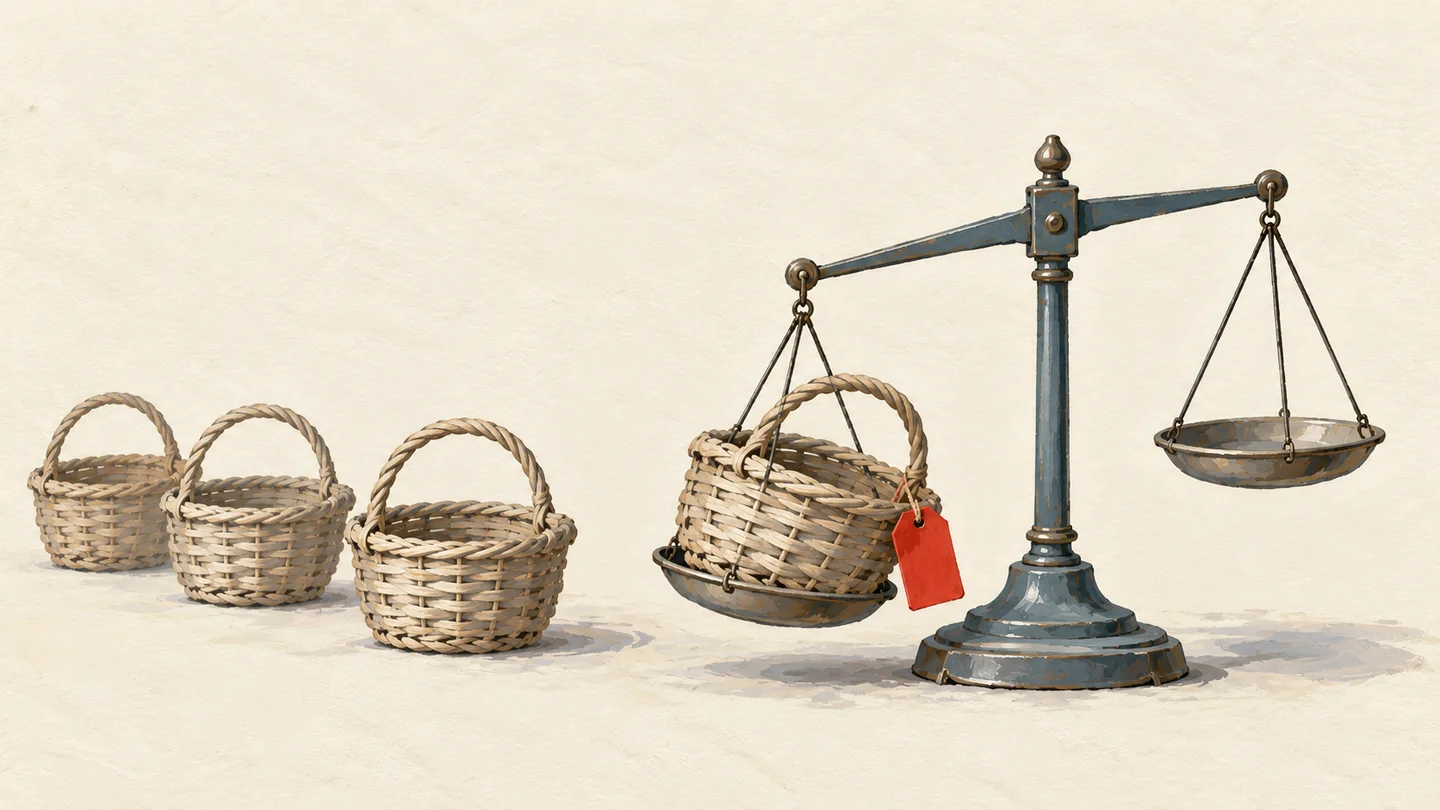 Gouache painting of a balance scale with one lopsided basket stuck on it and others waiting behind, a vermilion tag on the lopsided basket