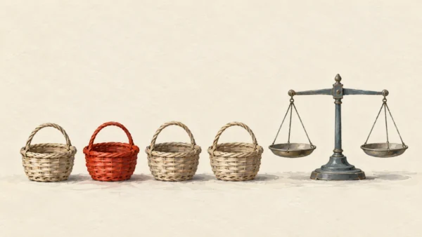 Gouache painting of a row of wicker baskets lined up beside one small balance scale, one basket vermilion