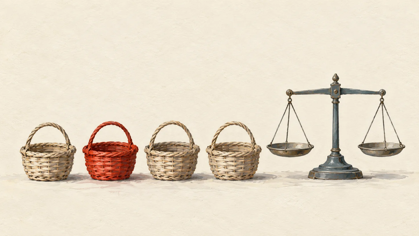 Gouache painting of a row of wicker baskets lined up beside one small balance scale, one basket vermilion
