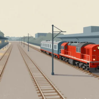 Gouache painting of a vermilion locomotive with a carriage on a track beside an empty railway yard