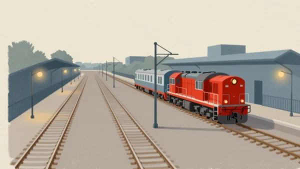 Gouache painting of a vermilion locomotive with a carriage on a track beside an empty railway yard