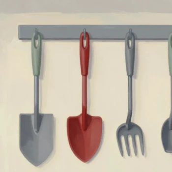Gouache painting of four garden tools hanging on a rail, the second one a vermilion trowel and the others grey and sage