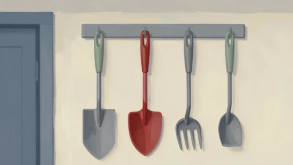 Gouache painting of four garden tools hanging on a rail, the second one a vermilion trowel and the others grey and sage