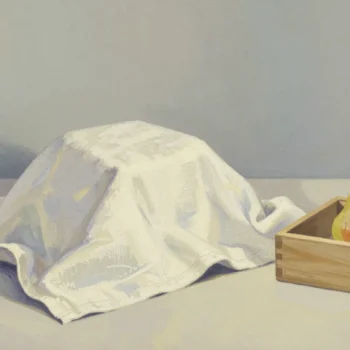 Gouache painting of a white cloth covering an unseen lump beside a small wooden box fitted around a pear