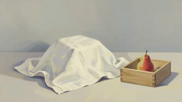 Gouache painting of a white cloth covering an unseen lump beside a small wooden box fitted around a pear