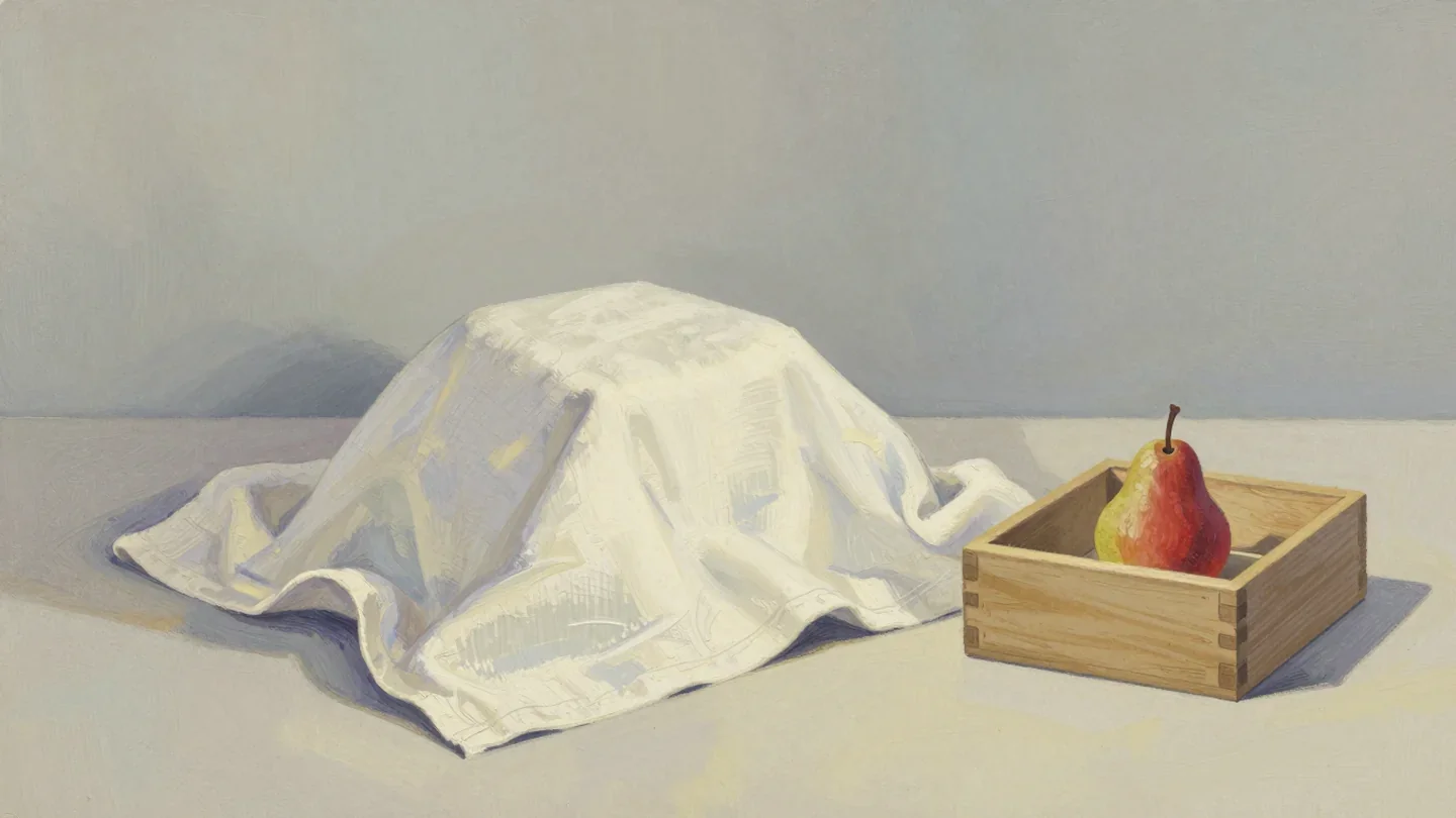 Gouache painting of a white cloth covering an unseen lump beside a small wooden box fitted around a pear