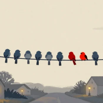 Gouache painting of a row of grey-blue birds on a wire with two vermilion birds among them above a quiet village road