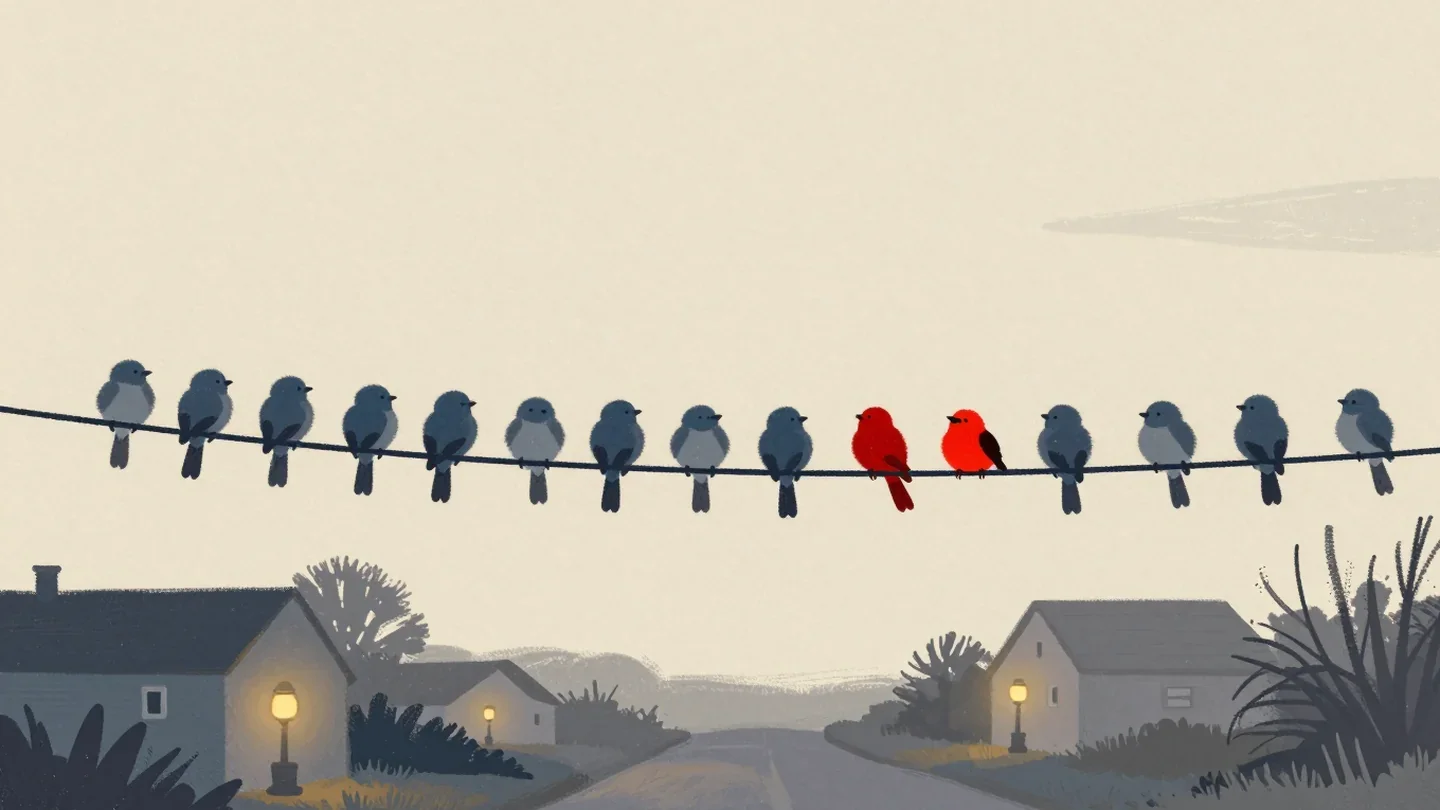 Gouache painting of a row of grey-blue birds on a wire with two vermilion birds among them above a quiet village road