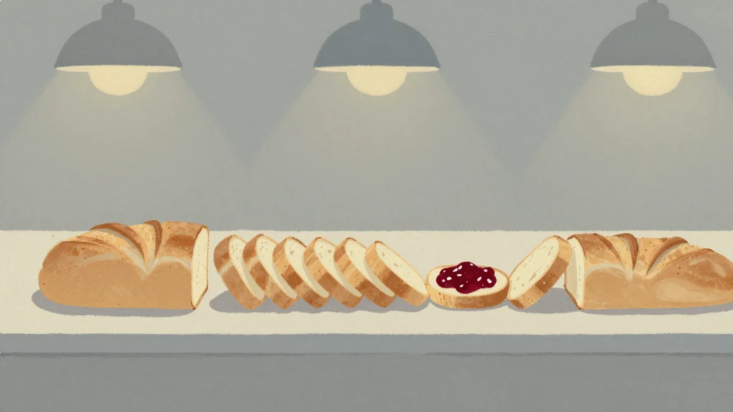 Gouache painting of a long loaf cut into slices in a row, one slice topped with vermilion jam