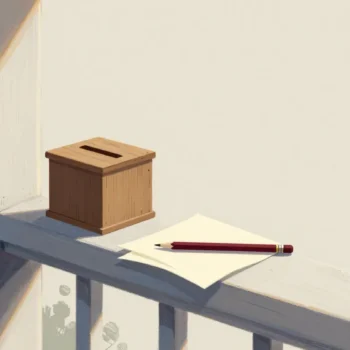 Gouache painting of a wooden suggestion box on a porch rail with a vermilion pencil beside it