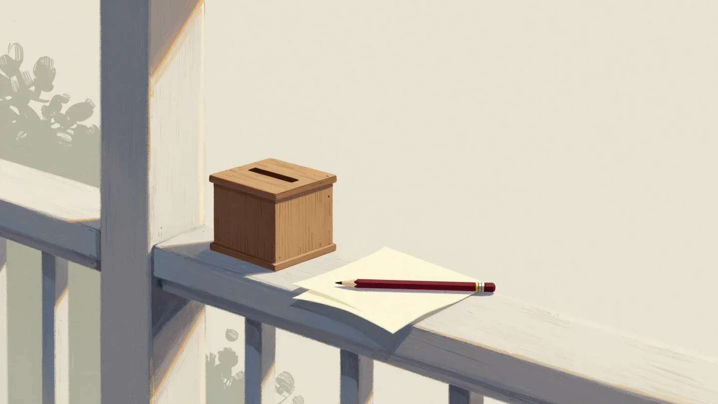 Gouache painting of a wooden suggestion box on a porch rail with a vermilion pencil beside it